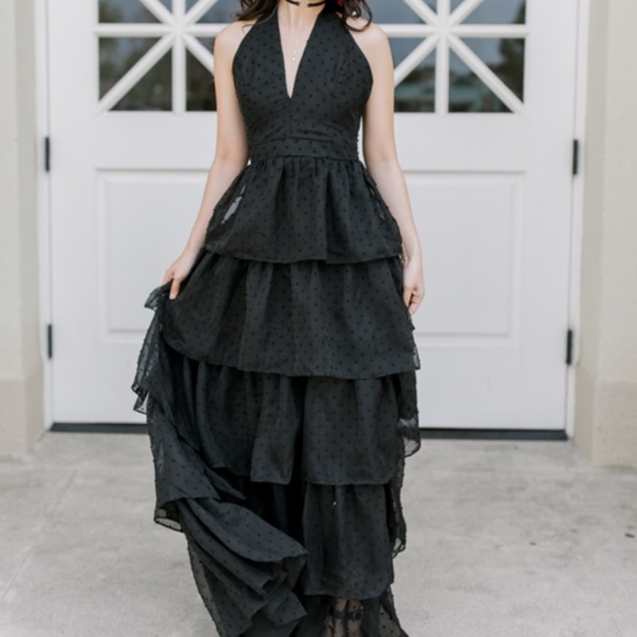 Black Tiered Halter Maxi Gown - Picture 1 of 3